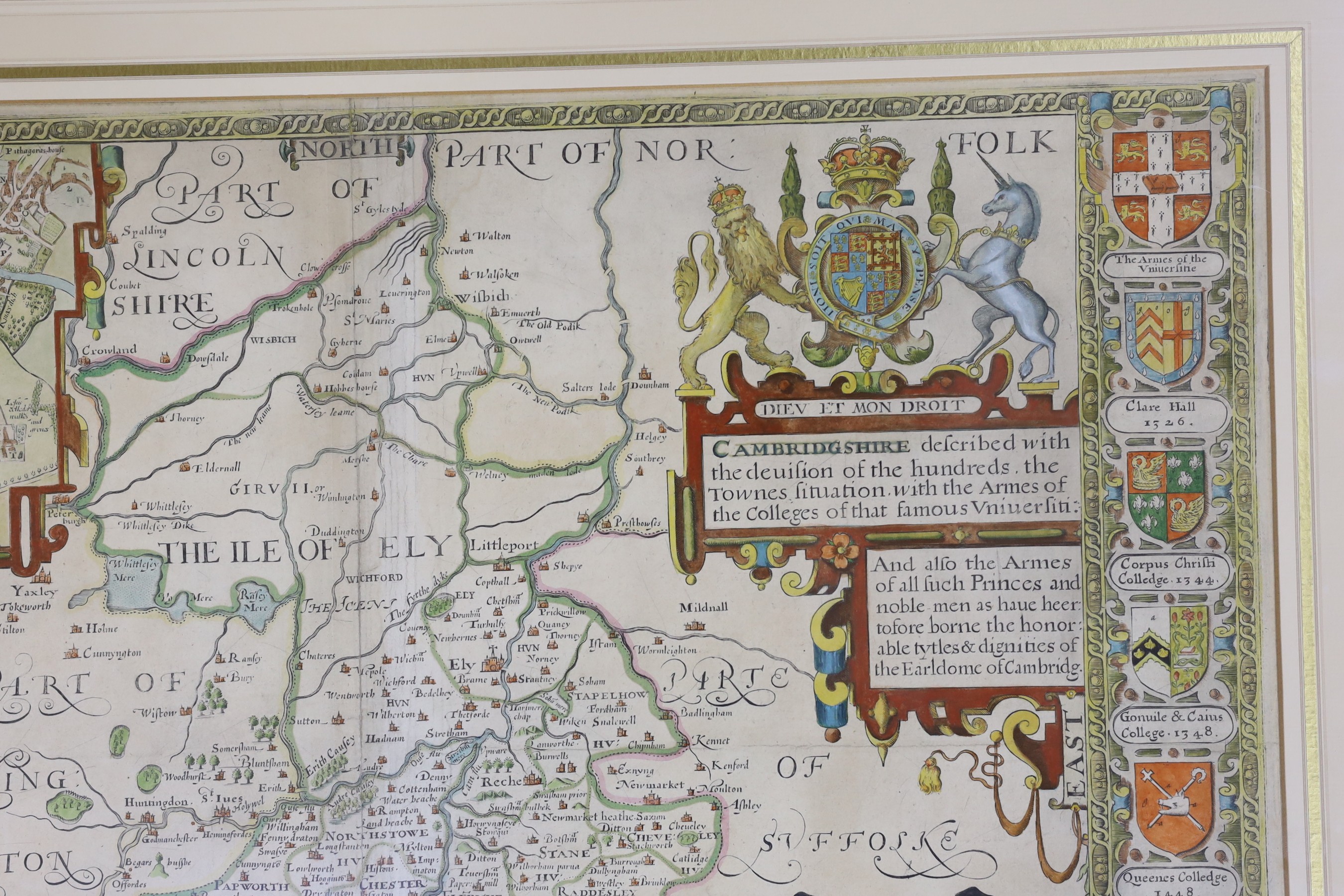 John Speede, coloured engraving, Map of Cambridgeshire, 1676 issue, English text verso, 39 x 53.5cm